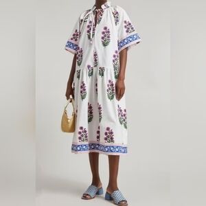 SZ Blockprints Women's Oversized Floral Embroidered Frock Yuva Midi Dress, XS